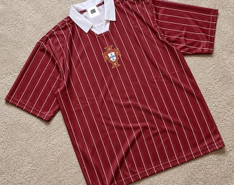 Portugal Football Jersey Red Pinstripe | Retro Style Portugal Soccer Shirt Portuguese National Team Fan Jersey Vintage Inspired Sports Shirt