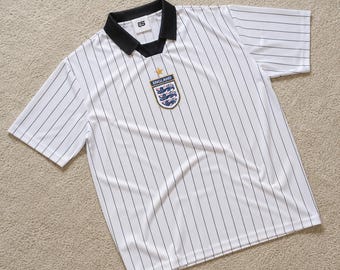 England Football Jersey White Pinstripe | Retro Style England Soccer Shirt | Three Lions Football Shirt | Vintage Inspired Sports Jersey