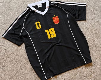 Maglia da calcio nera stile spagnolo Yamal 19, maglia da calcio retrò, kit da tifoso spagnolo, maglia da calcio d'ispirazione vintage, regalo per tifosi di calcio