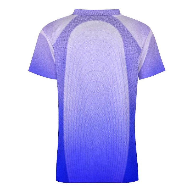 May include: A short-sleeve shirt featuring a gradient color pattern that transitions from a light lavender at the collar and shoulders to a deep, vibrant blue at the hem, with a central vertical oval design composed of subtle concentric lines.