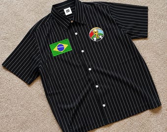 Black Pinstripe Brazil Flag Football Style Shirt, Men's Short Sleeve Soccer Inspired Button Up, Casual Streetwear Festival Top