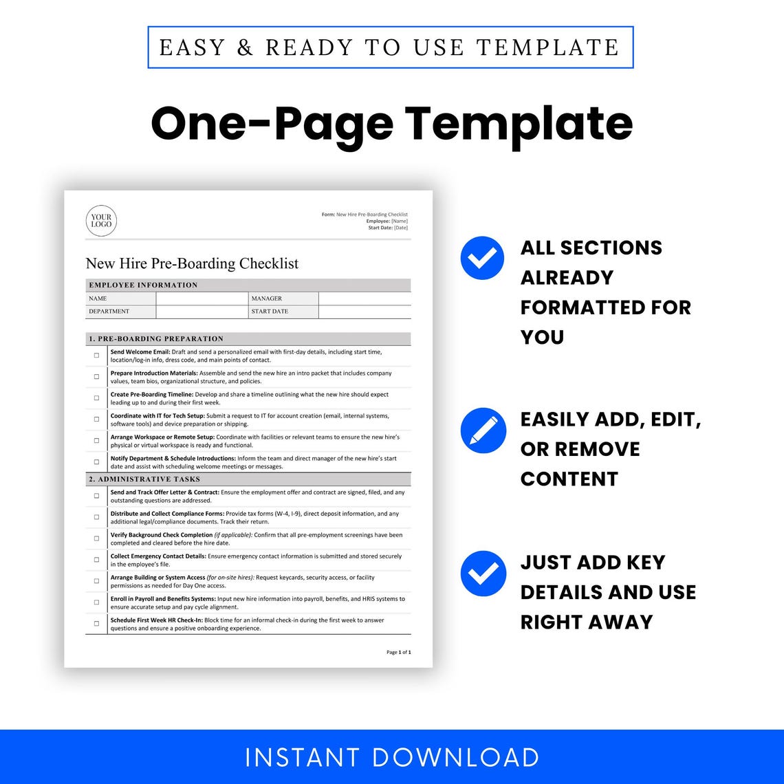 Pre Boarding Checklist.pdf New Hire Pre-boarding Checklist (MS Word, PDF) | Simple HR Template ...