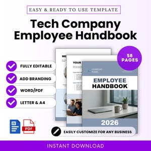 May include: A digital template for a Tech Company Employee Handbook. The cover is light blue with the title "Employee Handbook" and the year 2026. The image includes the text "Fully Editable", "Add Branding", "Word/PDF", and "Letter & A4".