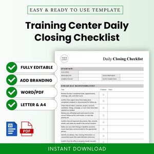 May include: A Training Center Daily Closing Checklist template featuring a white document with black text, including sections for overview and end-of-day responsibilities. The graphic includes green checkmark icons and Word and PDF file icons.