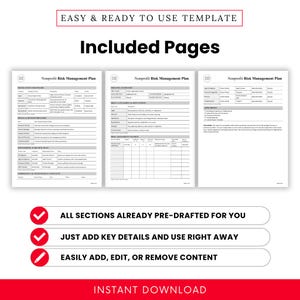 Image previewing the internal pages of the Nonprofit Risk Management Plan Template. Displays sections like Risk Categories, Mitigation Strategies, and Risk Assessment Matrix. Designed for easy editing and immediate use in nonprofit operations and compliance planning.