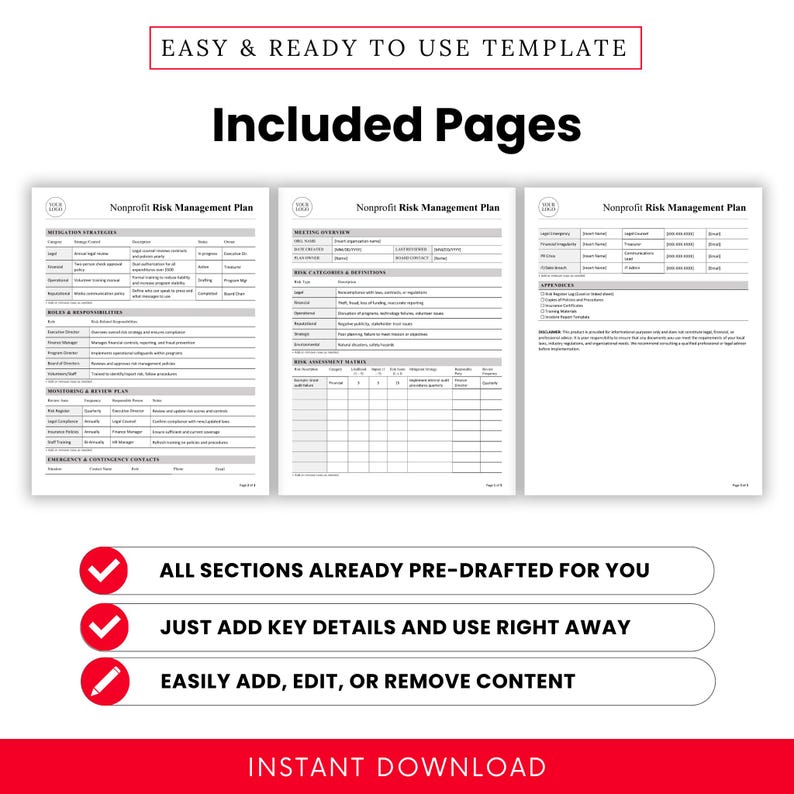 Image previewing the internal pages of the Nonprofit Risk Management Plan Template. Displays sections like Risk Categories, Mitigation Strategies, and Risk Assessment Matrix. Designed for easy editing and immediate use in nonprofit operations and compliance planning.