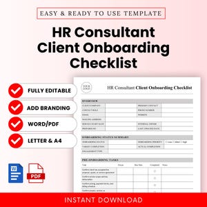 Puede incluir: Plantilla de lista de verificación de incorporación de clientes de consultoría de recursos humanos en blanco con marcas de verificación rojas y texto. La lista de verificación incluye secciones para la empresa cliente, el rol de contacto y las tareas previas a la incorporación. Plantilla totalmente editable y descarga instantánea.