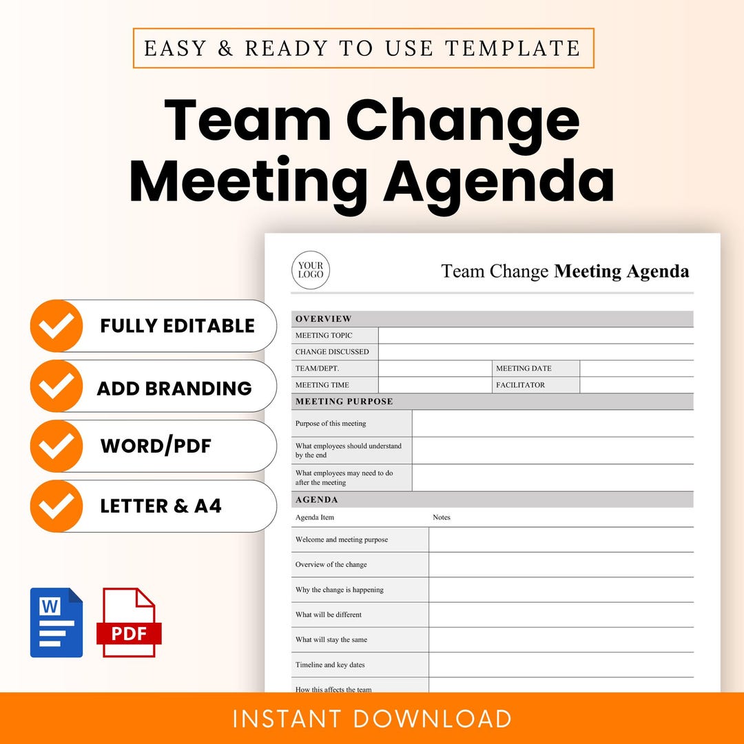 Team Change Meeting Agenda Template – Word & PDF, A4 + US Letter - Etsy