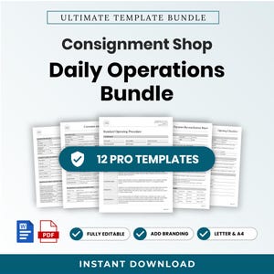 May include: A digital template bundle for a consignment shop featuring the text Ultimate Template Bundle, Consignment Shop Daily Operations Bundle, and 12 Pro Templates. The set includes multiple document pages, Word and PDF icons, and labels for fully editable, add branding, letter and A4, and instant download.