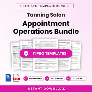 Könnte beinhalten: Ein digitales Vorlagenpaket für Sonnenstudios mit dem Text Ultimate Template Bundle, Tanning Salon Appointment Operations Bundle und 11 Pro Templates. Enthält mehrere Dokumentenlayouts, Word- und PDF-Symbole sowie Textbeschriftungen.
