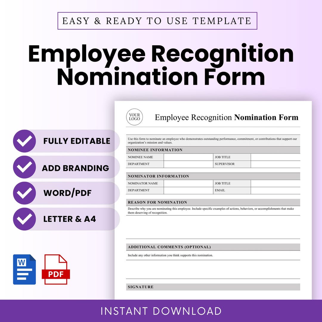 Employee Recognition Nomination Form (MS Word, PDF) | Employee Award ...