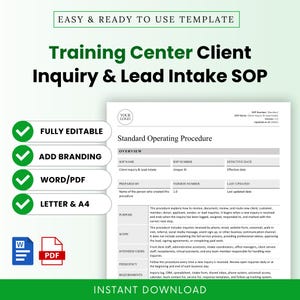 Op de afbeelding: Een SOP-documenttemplate voor klantvragen en lead-intake voor een trainingscentrum. De pagina bevat secties voor SOP-naam, nummer, datum, versie en details over het doel, de reikwijdte, de beoogde gebruikers en de vereisten van de procedure.