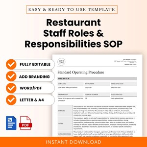 May include: A digital template for a Restaurant Staff Roles and Responsibilities SOP document. The page includes sections for overview, purpose, scope, and intended users. Features include orange checkmark icons and Word and PDF file icons.