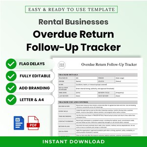 Könnte beinhalten: Eine digitale Vorlage für einen Rental Businesses Overdue Return Follow-Up Tracker. Das Dokument enthält Abschnitte für Tracker-Details, Nutzung und Kontrolle. Mit grünen Häkchen für Verzögerungen, vollständig bearbeitbar, Branding-Optionen, Letter und A4.