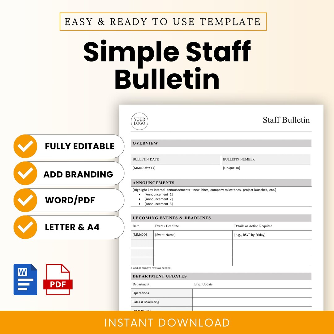 Simple Staff Bulletin Template – Word & PDF, A4 + US Letter - Etsy