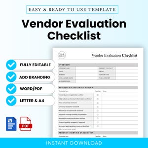 Könnte beinhalten: Eine Vorlagen-Checkliste zur Lieferantenbewertung mit dem Text "EASY & READY TO USE TEMPLATE" oben. Die Checkliste enthält Abschnitte für Lieferanteninformationen, Geschäftsüberprüfung und Produkt-/Dienstleistungsbewertung. Enthält voll editierbar, Branding hinzufügen, Word/PDF und A4.