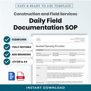 Puede incluir: Una plantilla digital para un procedimiento operativo estándar de documentación de campo diaria para servicios de construcción y campo. Incluye secciones de descripción general, propósito, alcance y usuarios previstos, con espacios para marca y fechas.