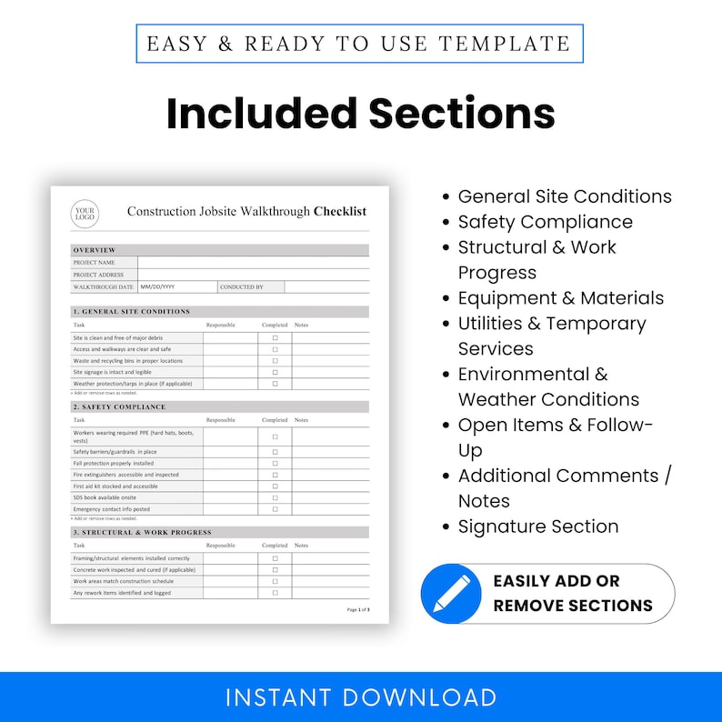 Construction Job Folder Checklist Example Construction Jobsite Walkthrough Checklist Template – Word & PDF, A4 ...