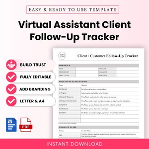 Peut inclure: Un modèle de suivi de suivi client pour assistant virtuel présentant un document avec des sections pour l'aperçu, le guide de statut de suivi et le guide de priorité. Le texte inclut 'Build Trust', 'Fully Editable', 'Add Branding' et 'Letter & A4'.