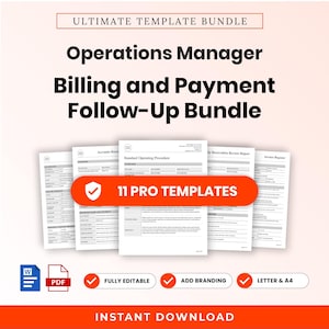Könnte beinhalten: Ein digitales Dokumentenpaket mit dem Titel Ultimate Template Bundle, Operations Manager Billing and Payment Follow-Up Bundle, mit 11 Pro-Vorlagen, vollständig bearbeitbar, Branding hinzufügen, Letter und A4, sofortiger Download, Word- und PDF-Symbole.