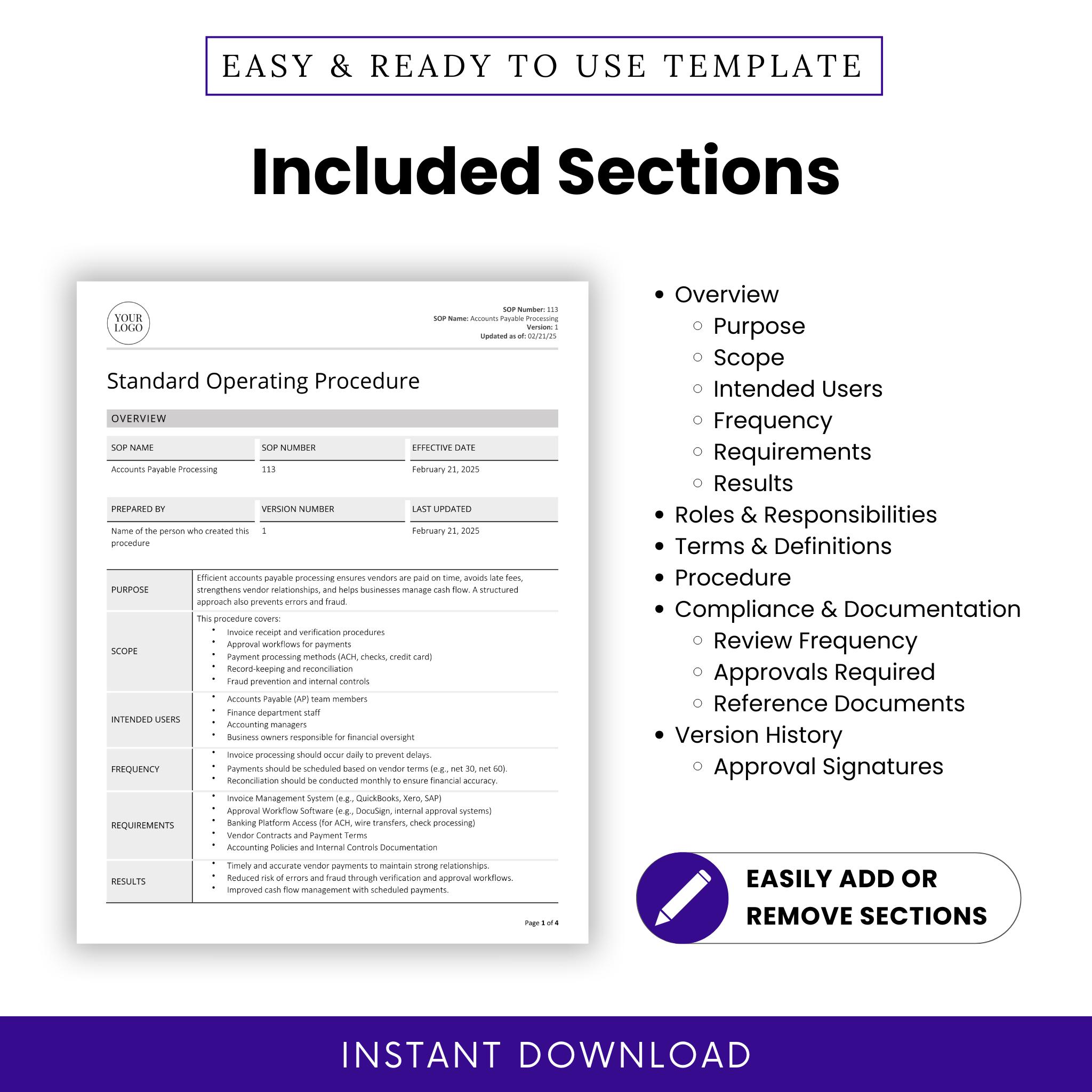 Accounts Payable Processing SOP Template (word, PDF) | Simple Standard ...