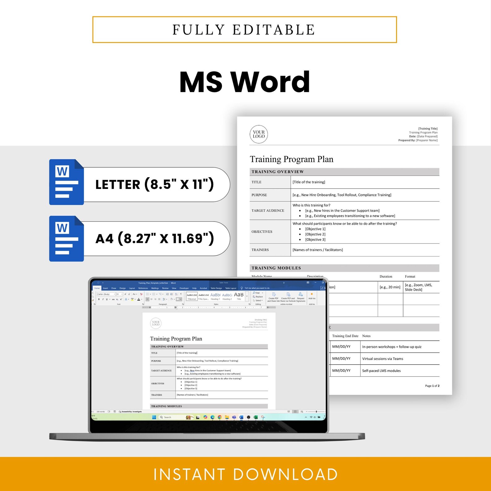 Training Program Planning Template (MS Word, PDF), Employee Training ...