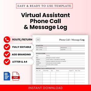 Virtual Assistant Phone Call and Message Log Template – Word & PDF, A4 + US Letter