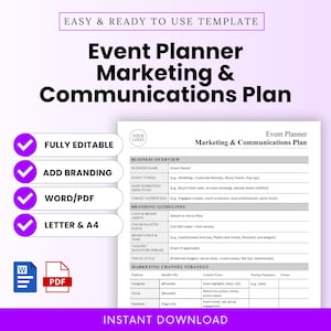 May include: A digital marketing and communications plan template for event planners. The document includes sections for business overview, branding guidelines, and marketing channel strategy. The template is fully editable and available for instant download.