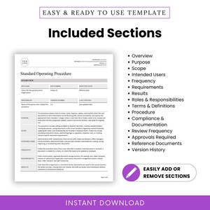 Virtual Assistant Client File Setup & Document Organization SOP Template with included sections such as overview, purpose, scope, intended users, roles and responsibilities, terms and definitions, procedure, compliance documentation, and version history. This editable SOP template is ideal for virtual assistants, VA business owners, online business managers, executive assistants, operations assistants, and admin support professionals that want an easy-to-customize client filing procedure.