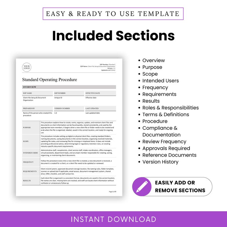 Virtual Assistant Client File Setup & Document Organization SOP Template with included sections such as overview, purpose, scope, intended users, roles and responsibilities, terms and definitions, procedure, compliance documentation, and version history. This editable SOP template is ideal for virtual assistants, VA business owners, online business managers, executive assistants, operations assistants, and admin support professionals that want an easy-to-customize client filing procedure.