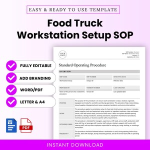Op de afbeelding: Een SOP-document voor de inrichting van een foodtruck-werkstation met secties voor overzicht, doel, reikwijdte, gebruikers en frequentie. Het document bevat tijdelijke aanduidingen voor branding en is beschikbaar in Word- en PDF-formaat voor letter en A4.