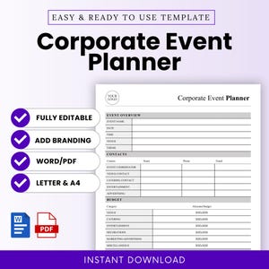 May include: A white Corporate Event Planner template with a purple border. The template includes sections for event overview, contacts, and budget. Text includes "Fully Editable," "Add Branding," "Word/PDF," and "Letter & A4."