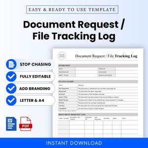 Könnte beinhalten: Eine Vorlage für Dokumentenanfragen und Dateiverfolgung mit Abschnitten für Übersicht, Statusleitfaden und eine Protokolltabelle. Der Text enthält 'EASY & READY TO USE TEMPLATE', 'STOP CHASING', 'FULLY EDITABLE', 'ADD BRANDING', 'LETTER & A4' und 'INSTANT DOWNLOAD'.