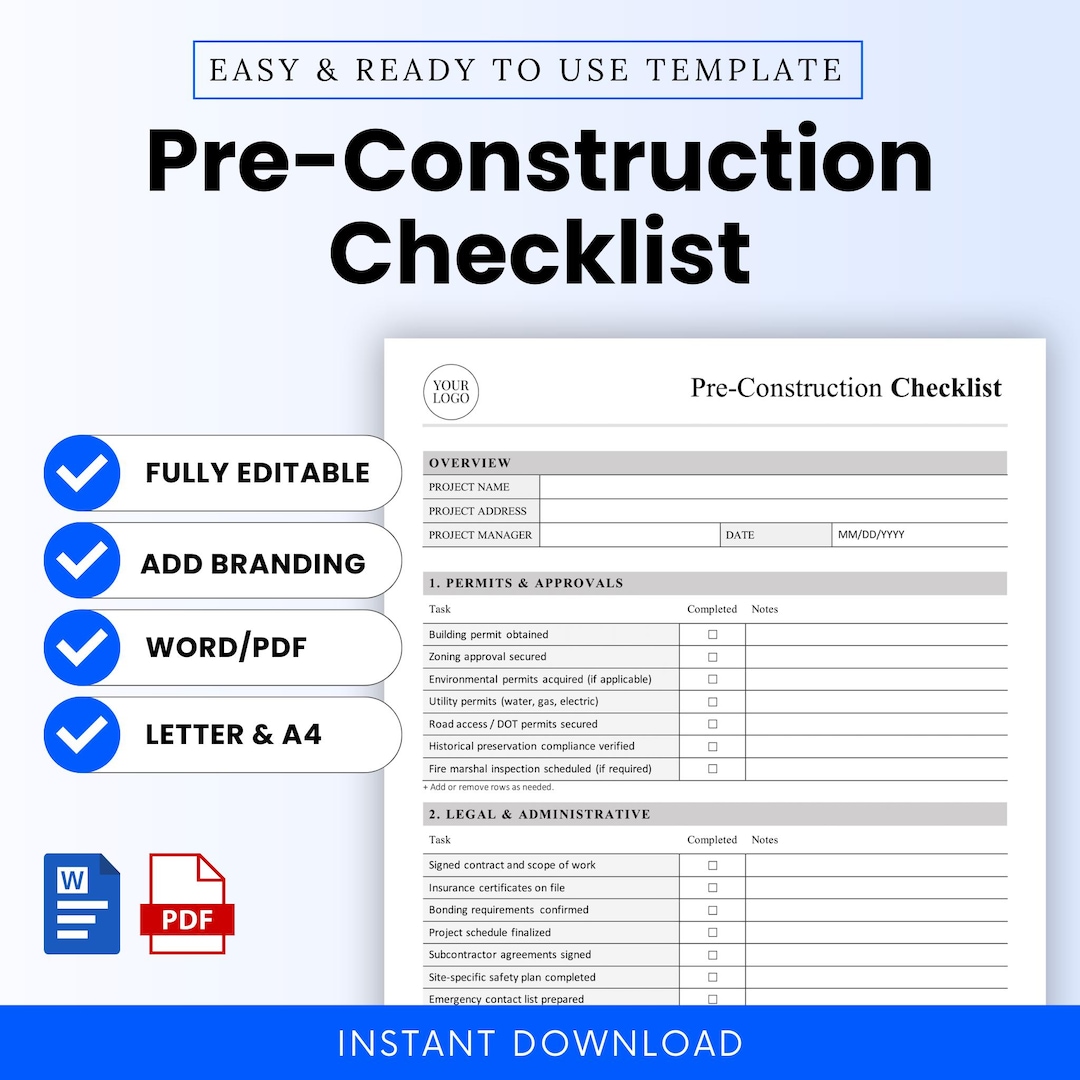 Pre-construction Checklist Template – Word & PDF, A4 + US Letter - Etsy
