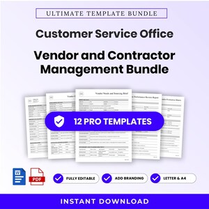 Op de afbeelding: Een digitaal documentenpakket getiteld Ultimate Template Bundle, Customer Service Office, Vendor and Contractor Management Bundle. Het bevat 12 pro-sjablonen, Word- en PDF-pictogrammen en labels voor bewerkbaar, branding en A4-formaten.