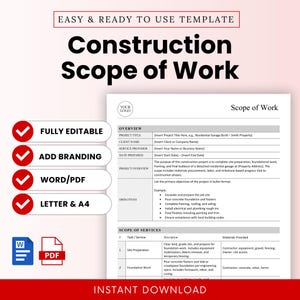 May include: A construction scope of work template titled "Construction Scope of Work" in bold black text. The template includes sections for project overview, objectives, and scope of services. The template is fully editable and available in Word/PDF formats.
