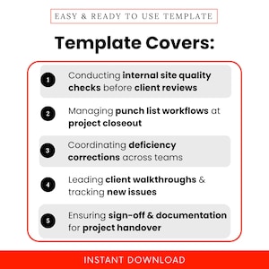 Graphic showing what the template covers: internal site quality checks, punch list workflows at project closeout, coordinating deficiency corrections, client walkthroughs, and final project handover—designed for construction professionals.