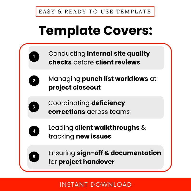 Graphic showing what the template covers: internal site quality checks, punch list workflows at project closeout, coordinating deficiency corrections, client walkthroughs, and final project handover—designed for construction professionals.