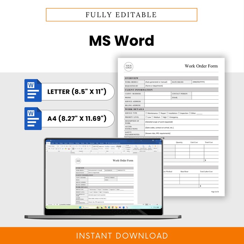 Simple Work Order Form Template - Word & PDF, A4 + US Letter - Etsy