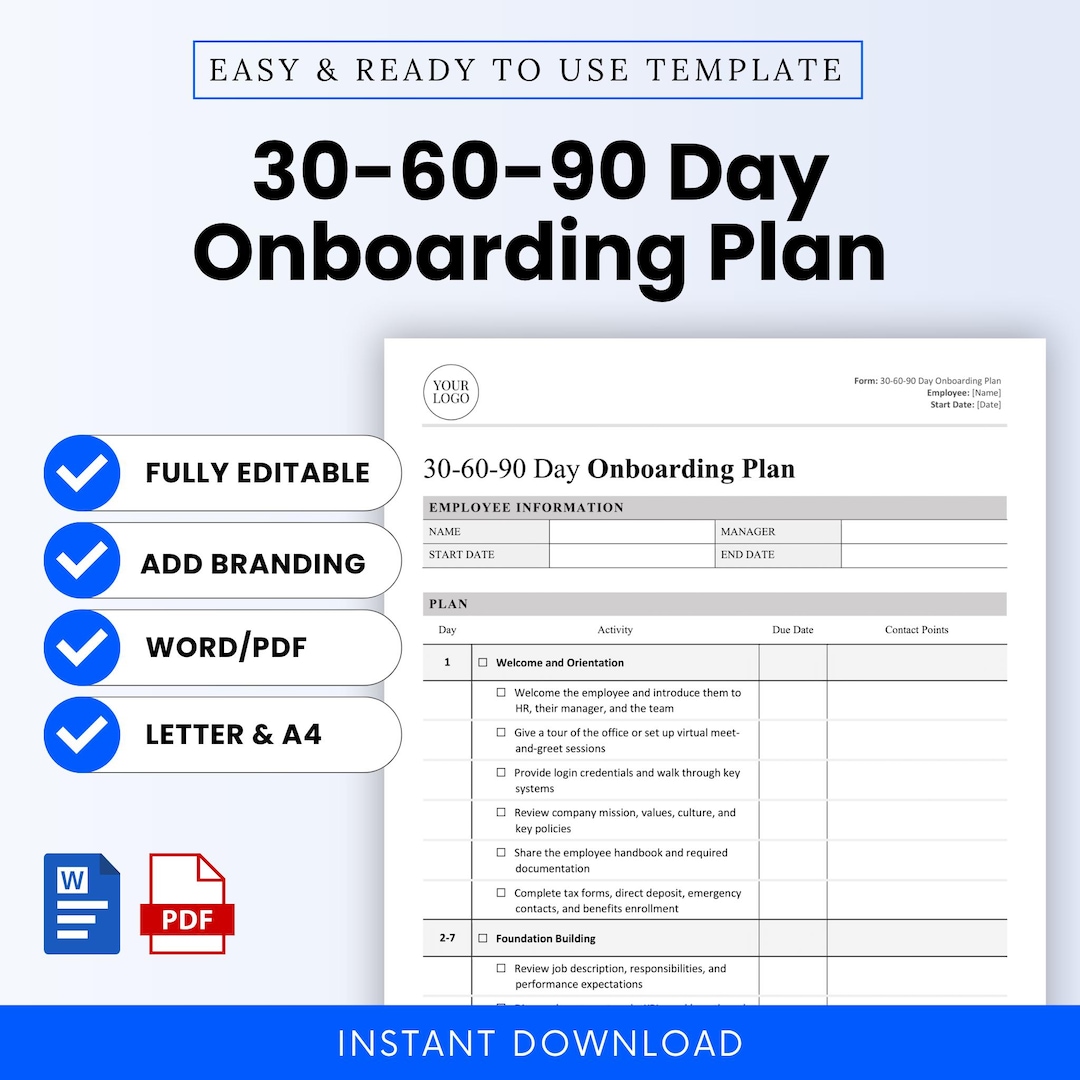 30-60-90 Day Onboarding Plan (MS Word, PDF) | Simple HR Template Office ...