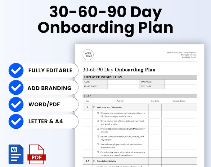New Hire Onboarding 30-60-90 Day Plan Employee Planner Template Tracker ...