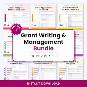 Può includere: Un pacchetto di 10 modelli per la scrittura e la gestione di sovvenzioni. I modelli includono un tracker di ricerca, una checklist delle domande, un outline narrativo, una lettera di presentazione, un calendario dei report e un modello di report. Completamente modificabile.
