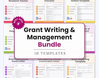 May include: A bundle of 10 grant writing and management templates. The templates include a research tracker, application checklist, narrative outline, cover letter, reporting calendar, and reporting template. The bundle is fully editable and includes branding options.