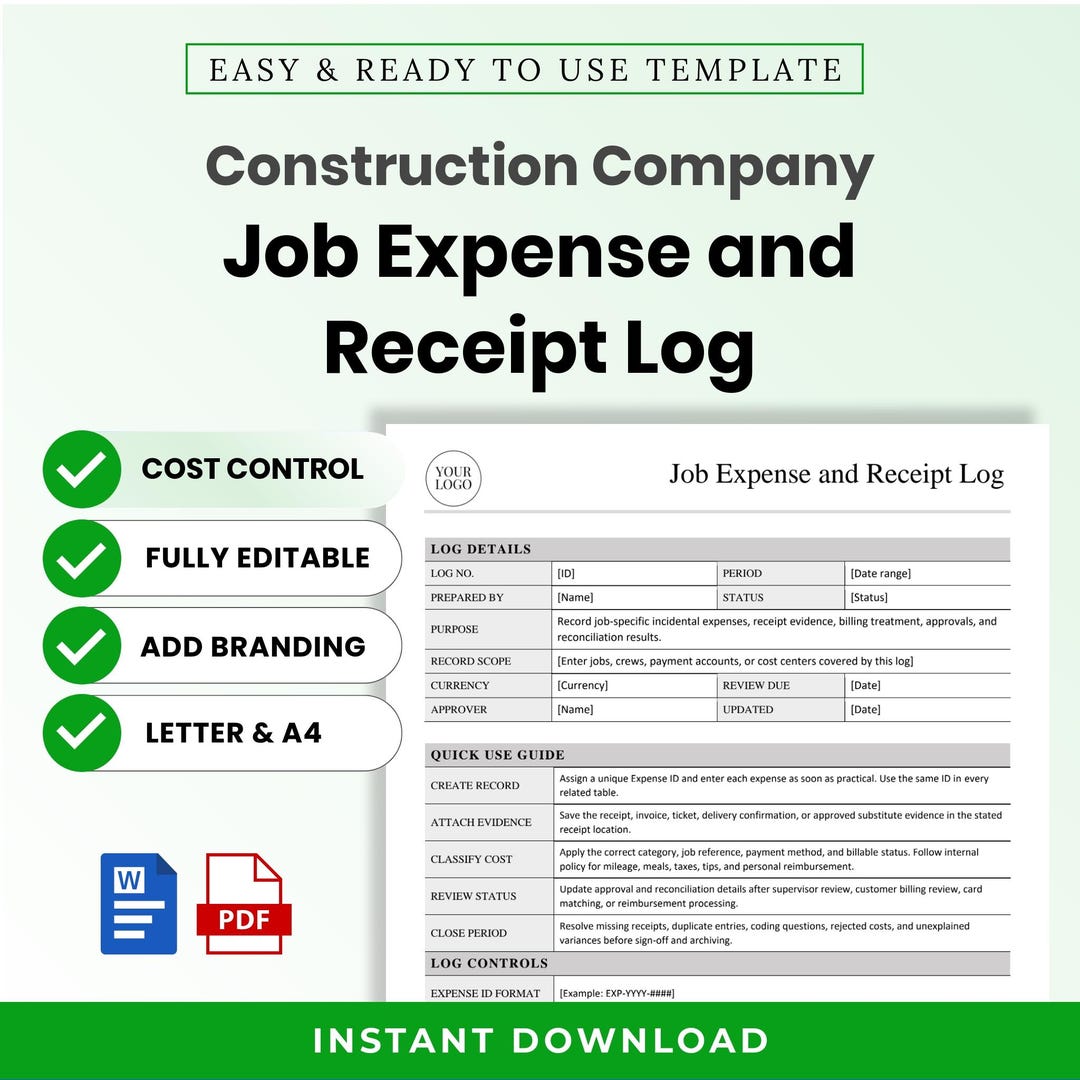 Construction Company Job Expense and Receipt Log Template – Editable ...