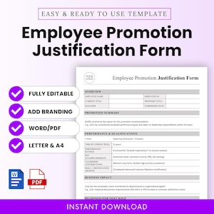 Può includere: Modello di modulo di giustificazione della promozione dei dipendenti con il testo "EASY & READY TO USE TEMPLATE" in alto. Il modulo include sezioni per le informazioni sui dipendenti, il riepilogo della promozione e le qualifiche di performance. Include opzioni completamente modificabili, aggiungi branding e Word/PDF.