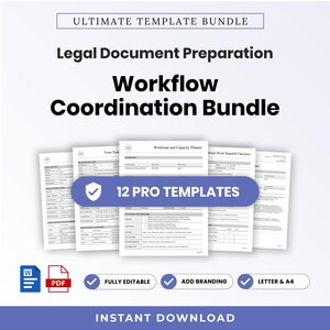 May include: A digital bundle of 12 professional legal document preparation templates. The graphic features the text Ultimate Template Bundle, Legal Document Preparation, and Workflow Coordination Bundle, with icons for Word and PDF files.