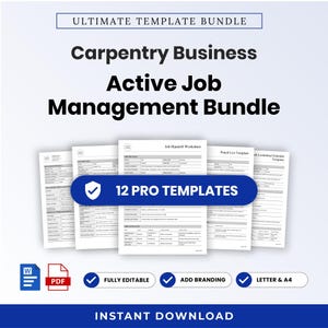 Könnte beinhalten: Ein digitales Dokumentenpaket mit dem Titel Ultimate Template Bundle, Carpentry Business Active Job Management Bundle, das 12 Profi-Vorlagen enthält. Inklusive Word- und PDF-Symbolen, vollständig bearbeitbar, Branding-Optionen, Letter- und A4-Format.