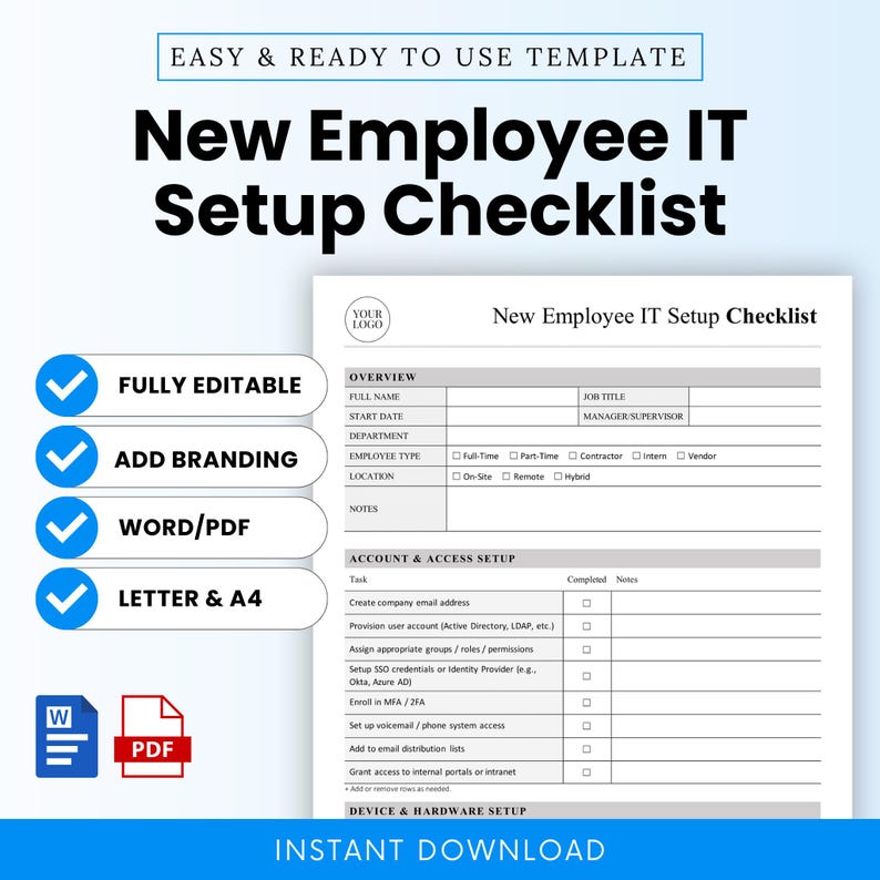 New Employee IT Setup Checklist Template – Word & PDF, A4 + US Letter ...
