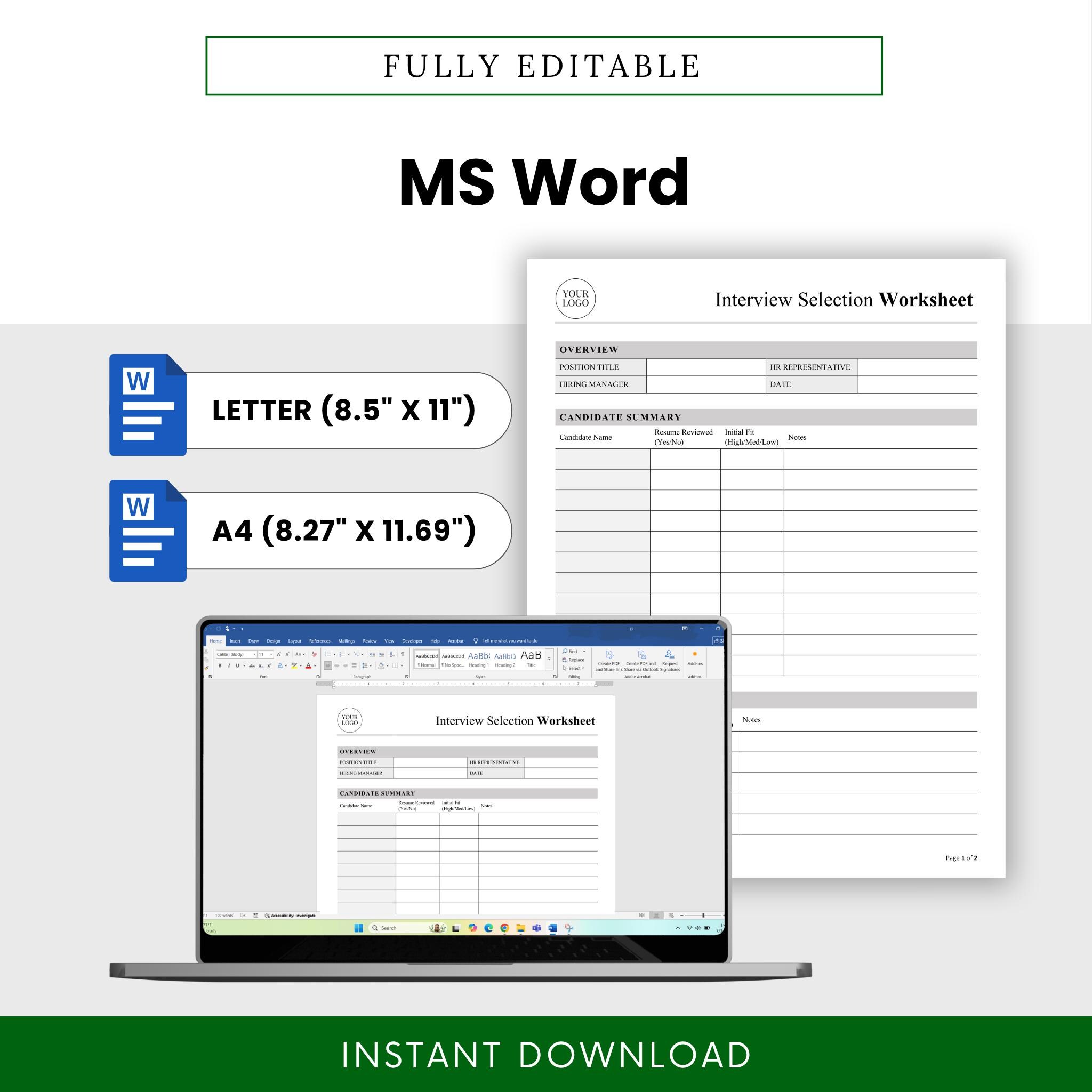 Interview Selection Worksheet Template – Word & PDF, A4 + US Letter ...
