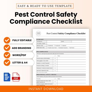 May include: A pest control safety compliance checklist template with the text "Pest Control Safety Compliance Checklist". The template includes sections for technician, date, service type, and PPE compliance. The template is fully editable and available in Word/PDF formats.